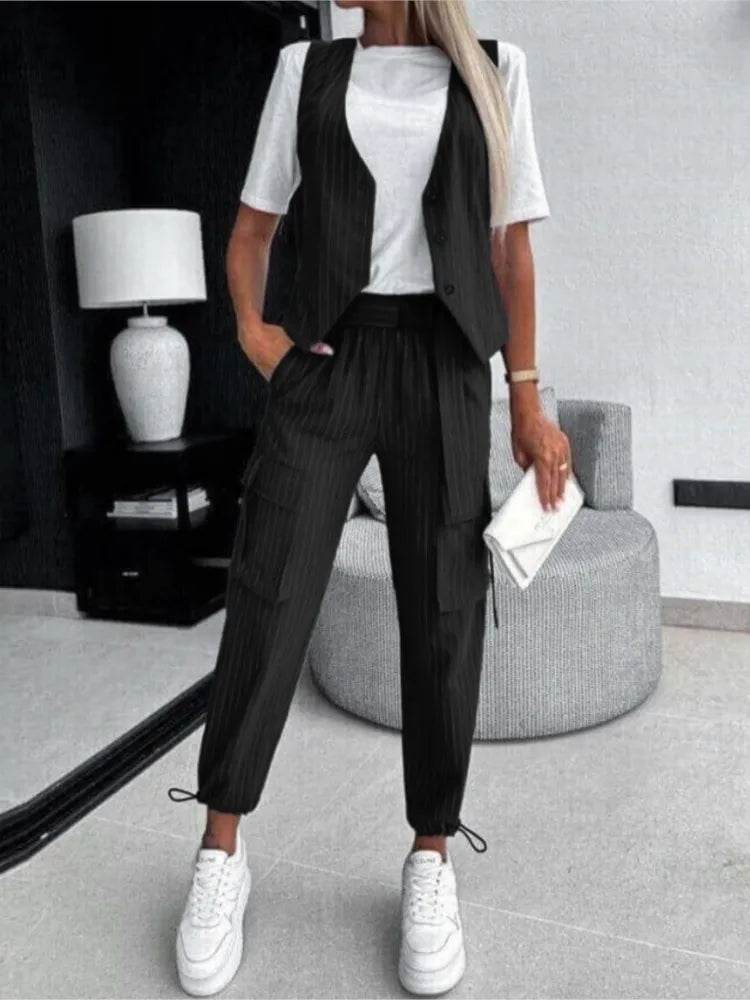 White Striped Vest Suit For Women Summer Casual V-neck Button Top Pocket Loose Pants Outfits Two-piece Suit For Women Elegant - AIAZ