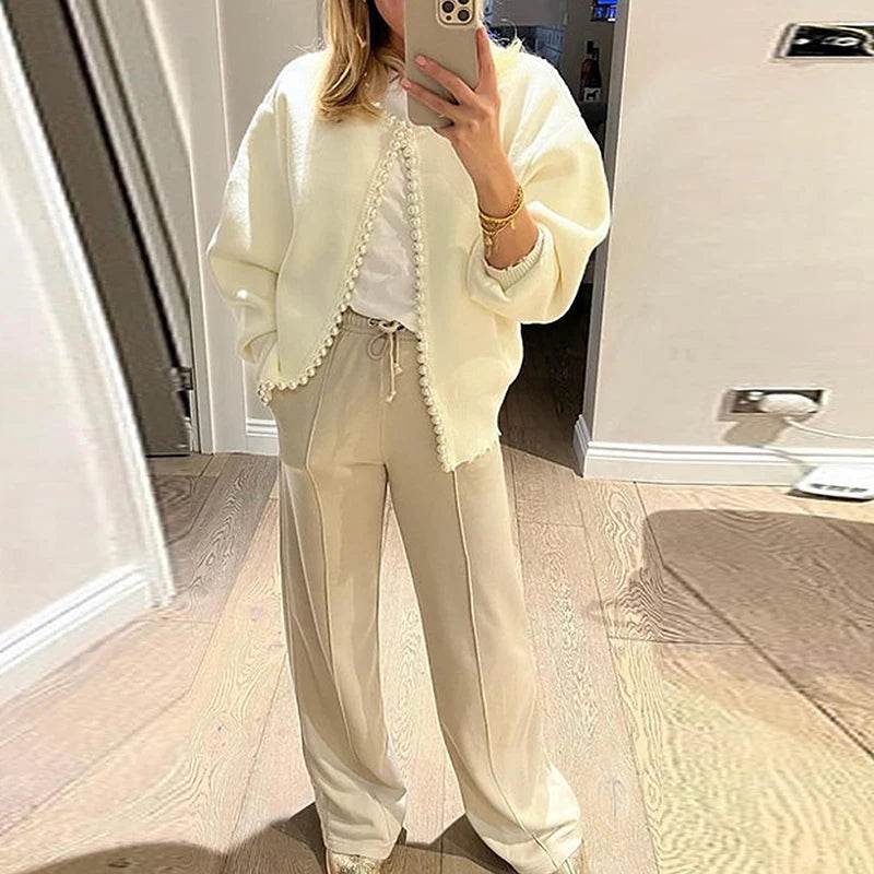 Women Casual Cardigan Sweater Elegant Long Sleeve Knit Sweater With Pearls Elegant White Sweater Coat Jacket - AIAZ