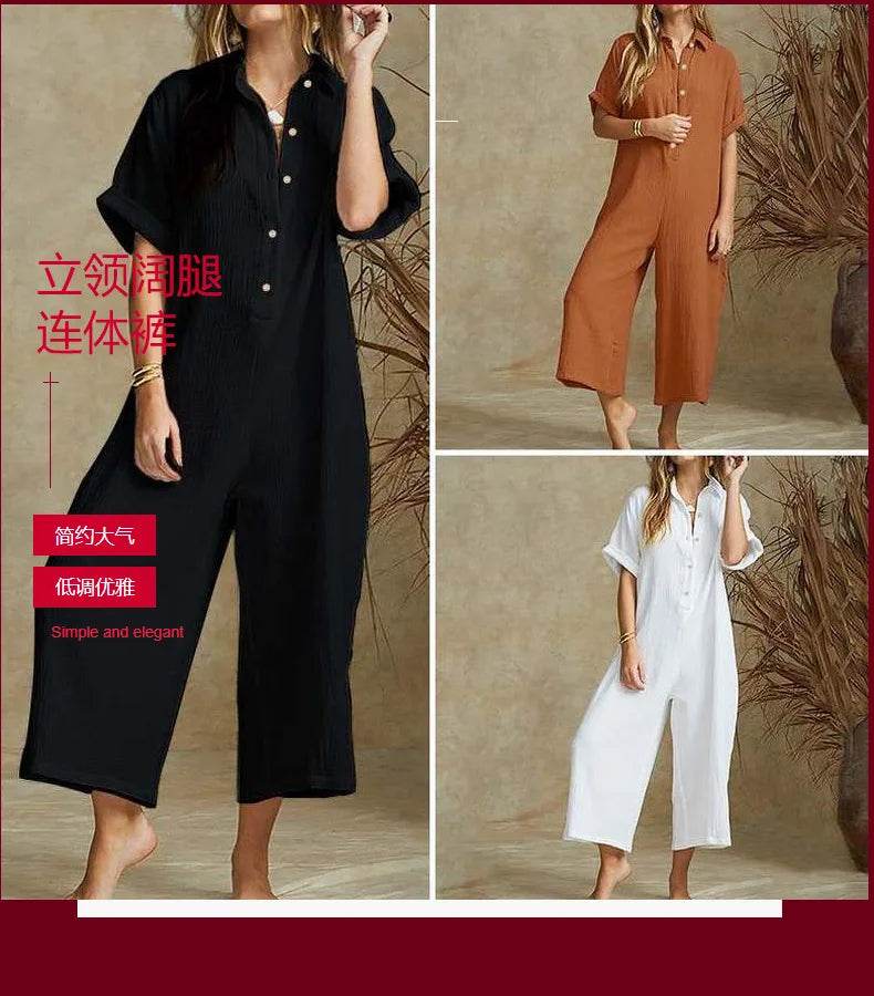 Summer Casual Workwear Jumpsuit Cotton And Linen Women's Trousers Spring Summer Elegant Office Lady Loose Simple Jumpsuits - AIAZ