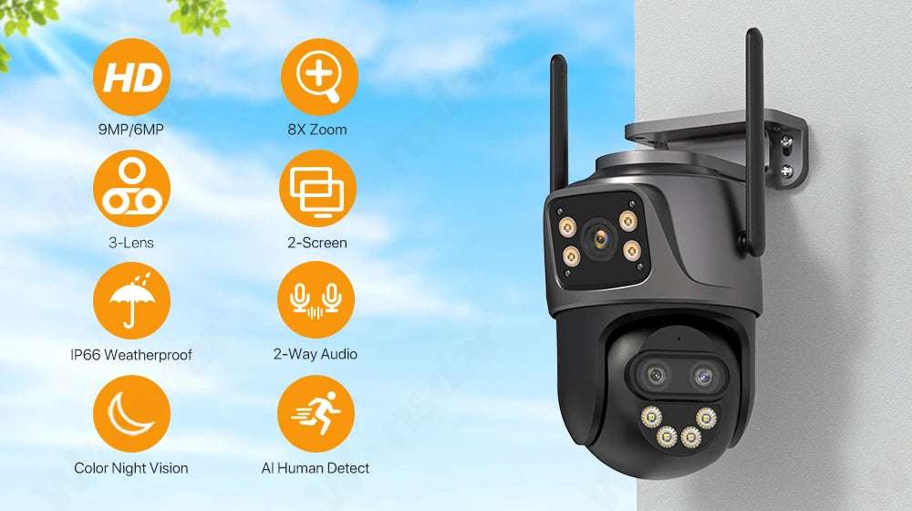 IP Camera 6K 9MP HD WiFi Outdoor Camera 8x Zoom Three Lens Dual Screen Home Security PTZ Camera 6MP Video Surveillance iCSee