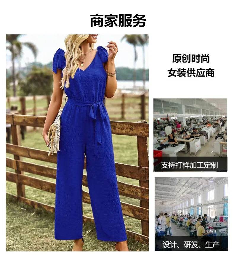 2024 Summer Women's New Commuter Style Solid Color Sexy Back V-neck Bareback Sleeveless Strap Waist Nine Part Pants Jumpsuit - AIAZ