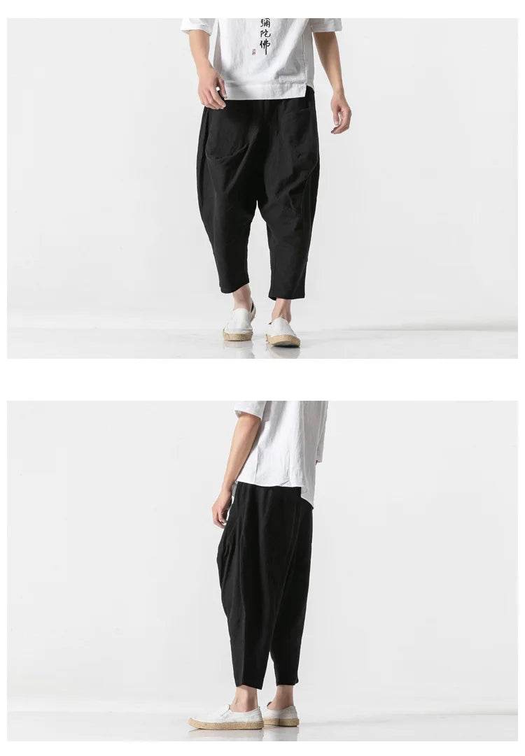 2025 Men Linen Pants Mens Wide Crotch Harem Pants Man Chinese Style Ankle-Length Pants Male Wide-Legged Bloomers Trousers - AIAZ