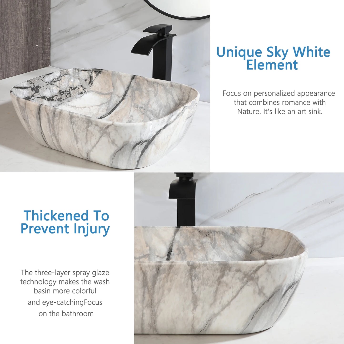 JIENI Bathroom Marble Style Vessel Sink Set Square Ceramic Basin Bowl Sink Black Faucets High-end European Modern Washbasin