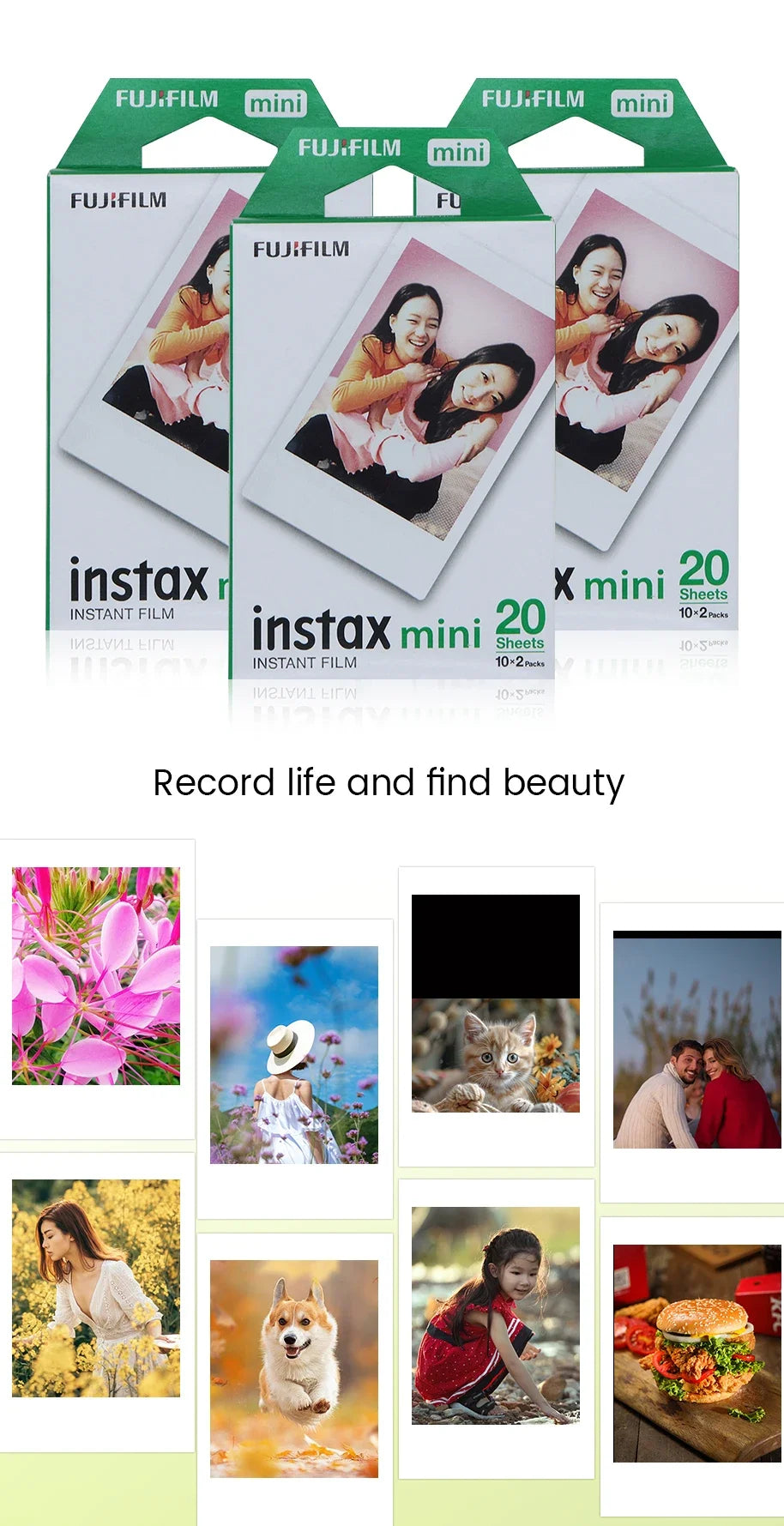 Fujifilm Instax Mini Film White Edge 3 inch Paper for Fuji Instant Film Camera Mini 12 11 9 8 40 70 90 Link 2 EVO 10-100 Sheets