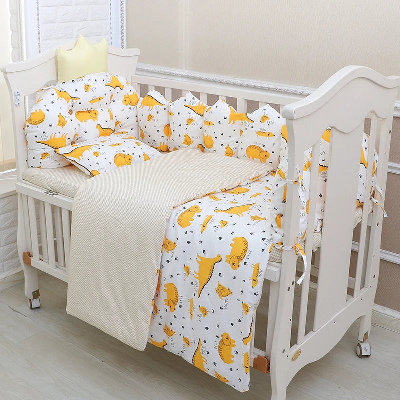 100% Cotton Crib Bed Linen Kit,Crown Design Baby Crib Bedding Set,Baby Bedding Set Includes Bumpers+Pillow+Quilt+Mattress cover