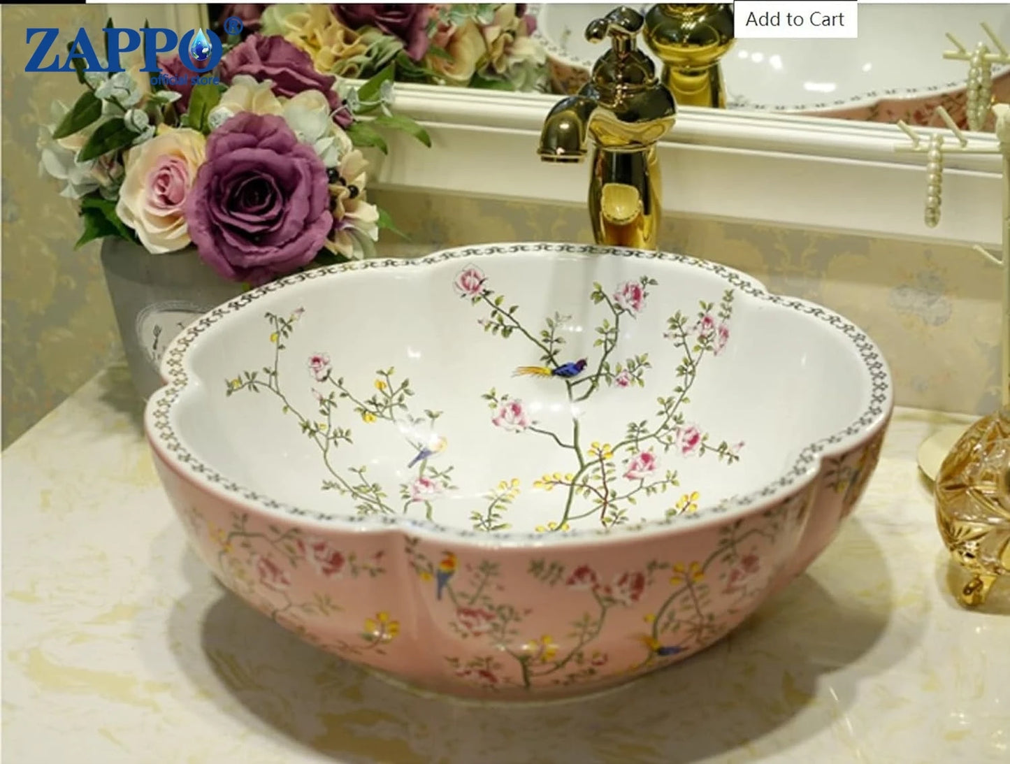 ZAPPO Above Counter Ceramic Vessel Sink For Bathroom Round Petal Shaped Flower & Bird Pattern Wash Basin Bowl Sinks With Faucet
