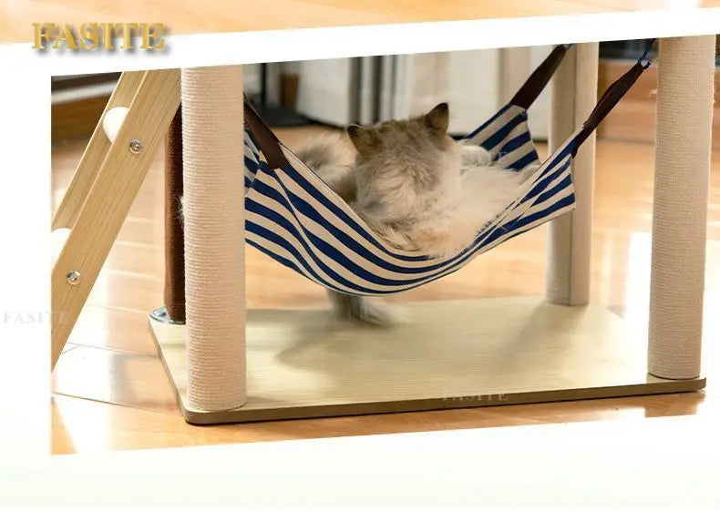 Luxury Cat House Two-Storey Villa Pet Cat Beds Hammock Coconut Tree House Wooden Pet Condos With Stairway Cat Scratching Posts