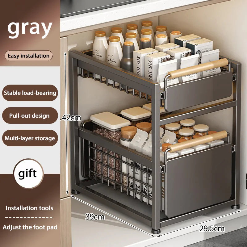 Under Sink Storage Rack Pull out Cabinet Organizer Kitchen Sliding Drawer Storage Basket Handle Bowl Plate Rack Holder Shelves