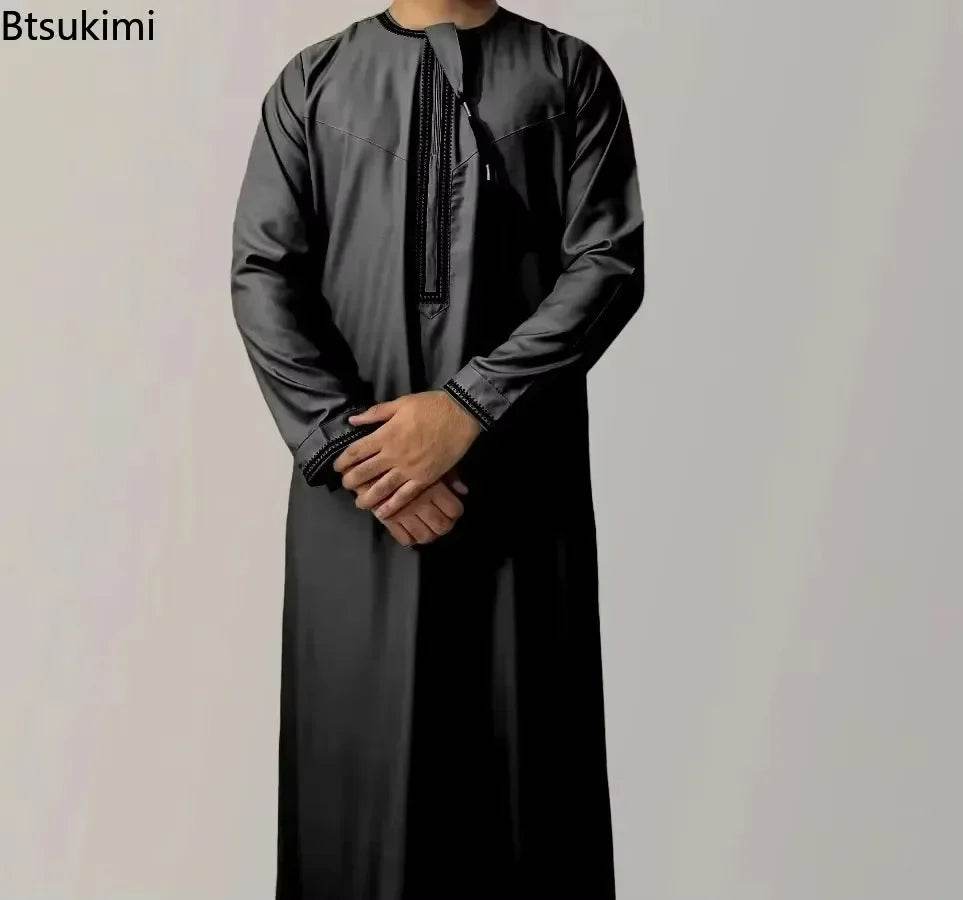 New Men's Muslim Fashion Abayas Dress O Neck Long Sleeve Pullover Kaftan Pakistan Saudi Arab Caftan Islamic Clothing Prayer Robe - AIAZ