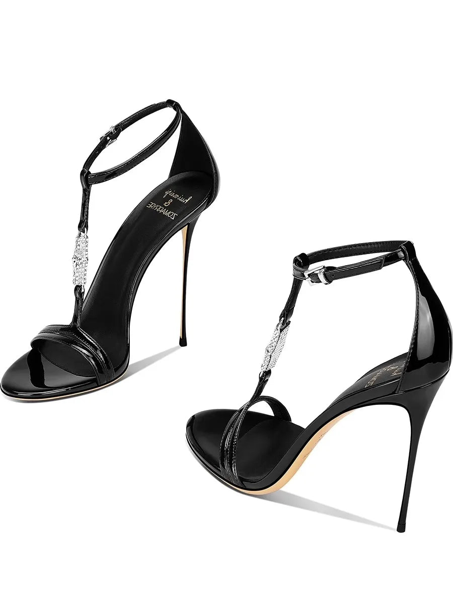 Thin high-heeled sandals summer new rhinestone T-band patent leather shoes banquet large size small size low-heeled women's shoe