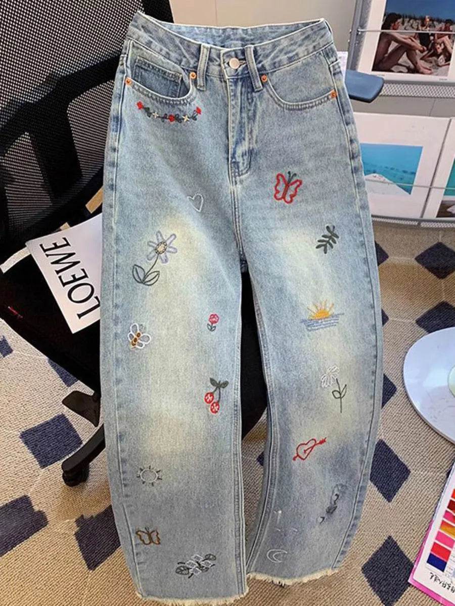 Vintage Embroidered Jeans Trousers For Women Summer 2025 New Korean Fashion High Waist Straight Retro Casual Denim Pants - AIAZ