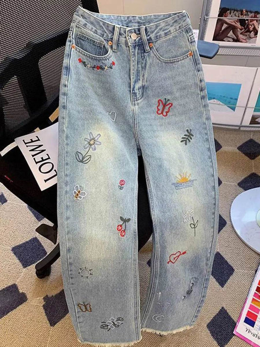 Vintage Embroidered Jeans Trousers For Women Summer 2025 New Korean Fashion High Waist Straight Retro Casual Denim Pants - AIAZ