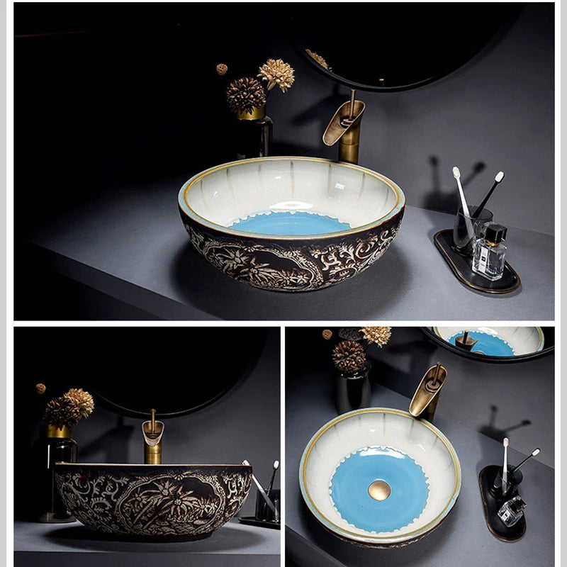 ZAPPO Round Vessel Sink with Faucet Drain JinDezhen Ceramic Vessel Sinks Oval Bathroom Sink Bowl Above Counter with Mixer Tap
