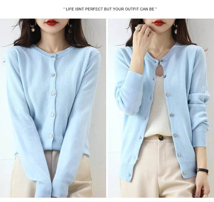 Knitted Cardigan Women's Sweater Autumn And Winter 2022 New Solid Color Coat Round Neck Short Long Sleeve Loose Korean Fashion - AIAZ
