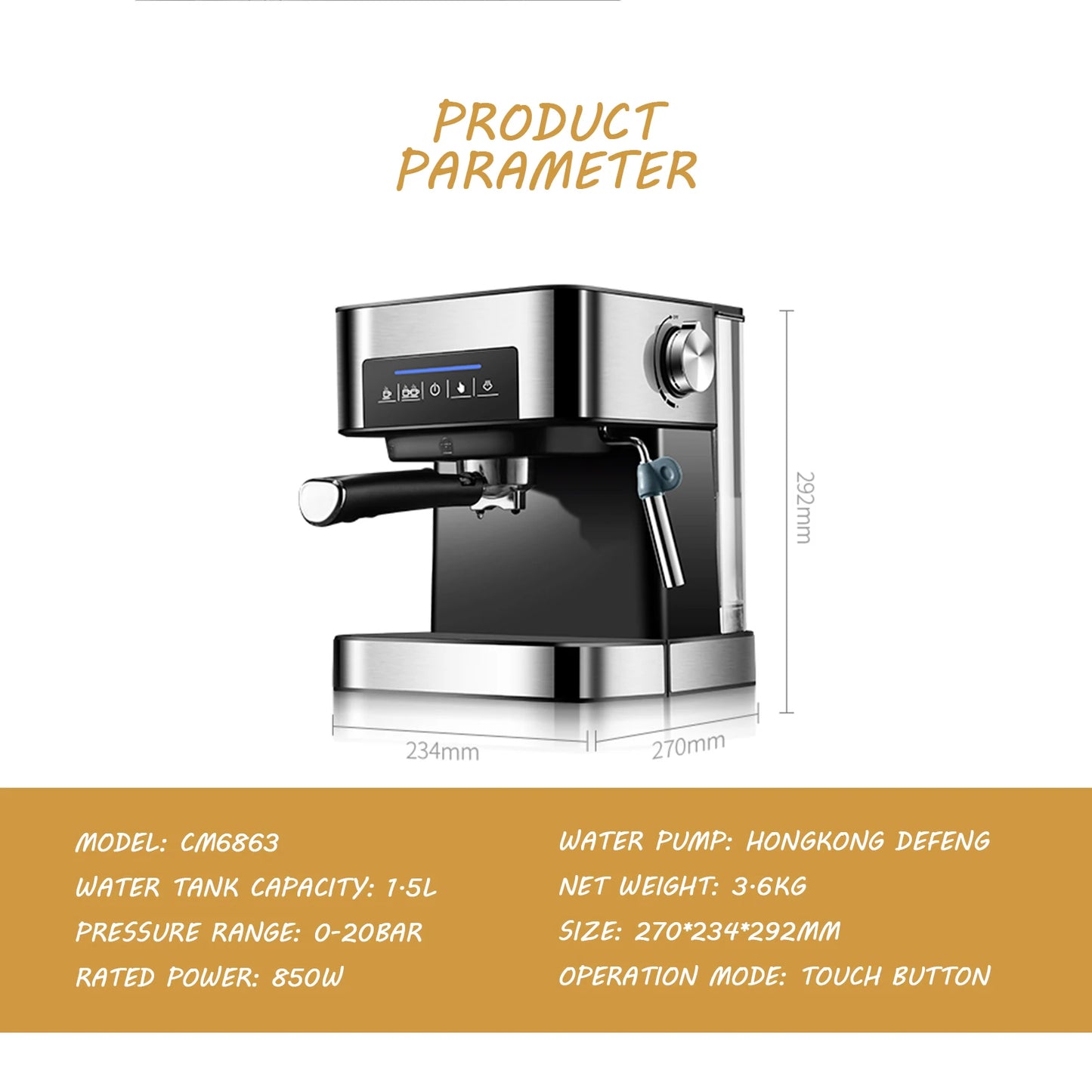 20 Bar Italian Espresso Machine Semi-automatic Make milk foam Coffee Machine High-pressure Extraction Espresso Coffee Maker