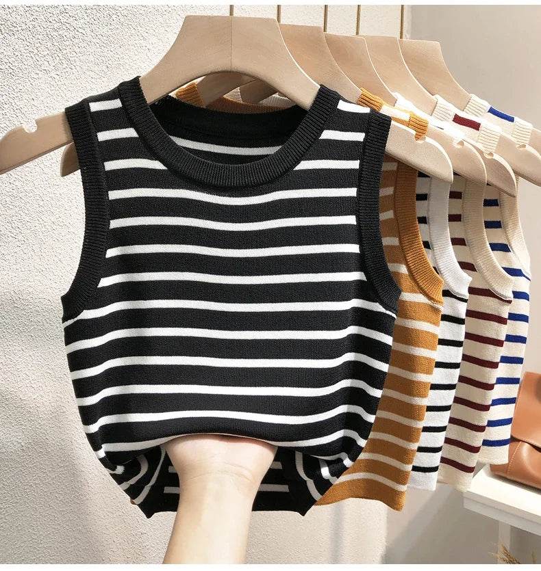 Summer Spring Striped Tank Tops Women Sleeveless Knitted T-Shirts Crop Tops Female Elastic Slim Casual Vests Pullover Camis - AIAZ