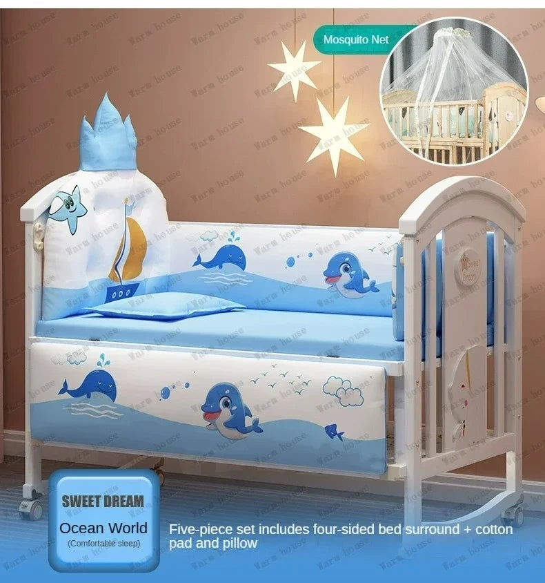 Solid wood spliced crib Multifunctional European style children's bed Movable newborn cradle large bed Baby Rest Chair
