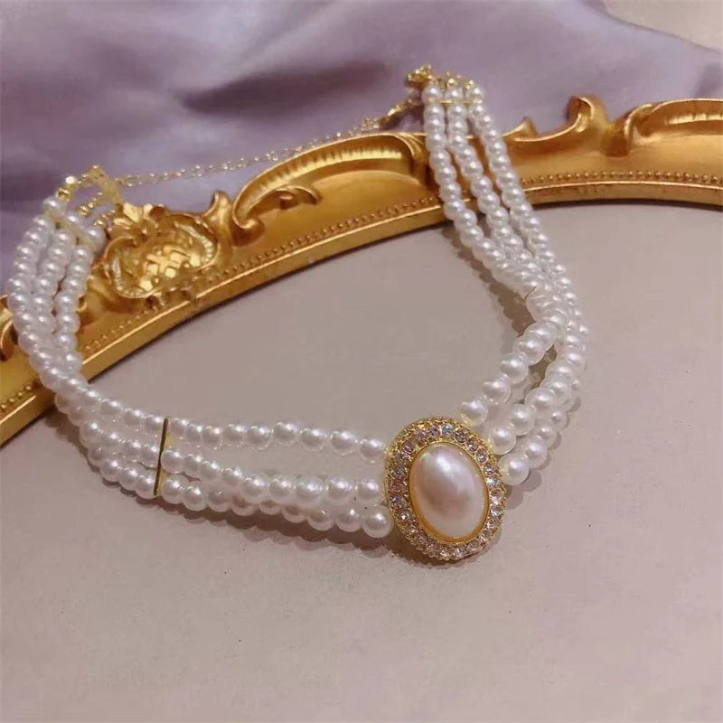 Luxury Vintage Three-layer Imitation Pearl Collar Choker Trendy Fashion Women Choker Necklace Wedding Party Jewelry Accessories