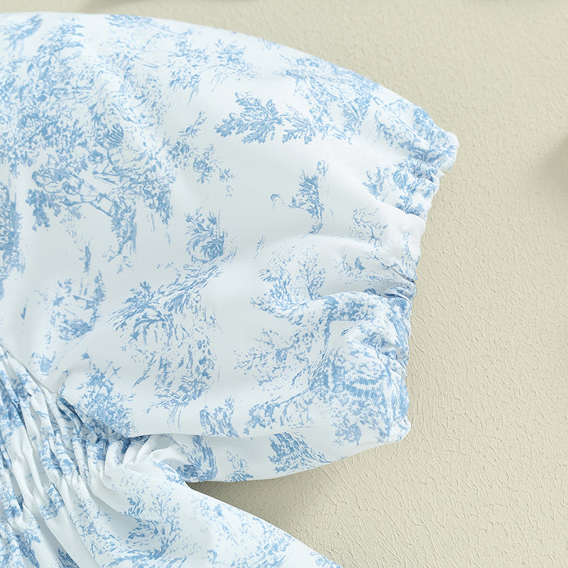 Citgeett Summer Infant Baby Girls Bodysuit Floral Print Puff Sleeve Clothes Jumpsuits Headband Blue Suit