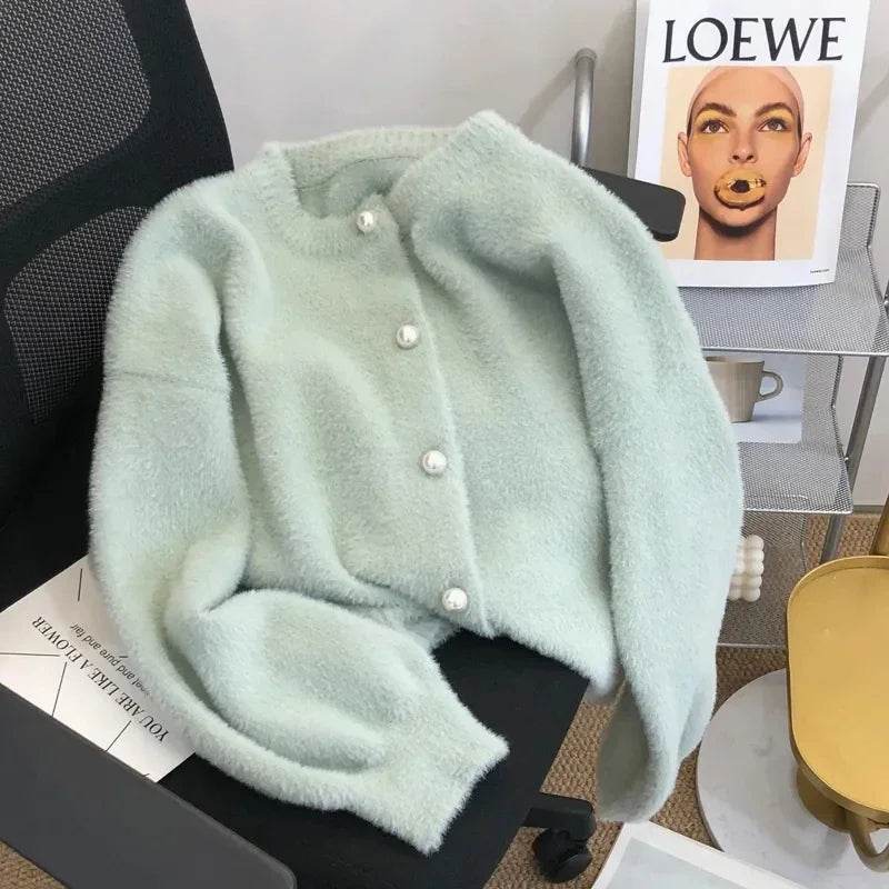 Knitted Cardigan women's 2023Spring New Korean Loose Solid Color Round Neck Sweater Coat - AIAZ