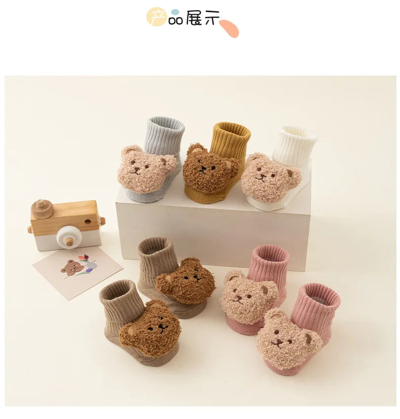 Cute Cartoon Bear Baby Socks for Boys Girls Spring Autumn Soft Cotton Anti Slip Soled Newborn Toddler Sock Kids Warm Socken