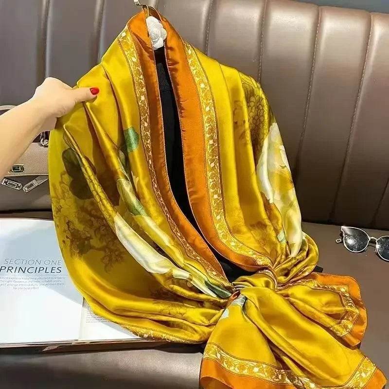 New Summer Women's Silk Scarf Sun Protection Satin Print Extra Long Beach Cover Up Decorative Mom's Shawl Fashionable Accessory - AIAZ