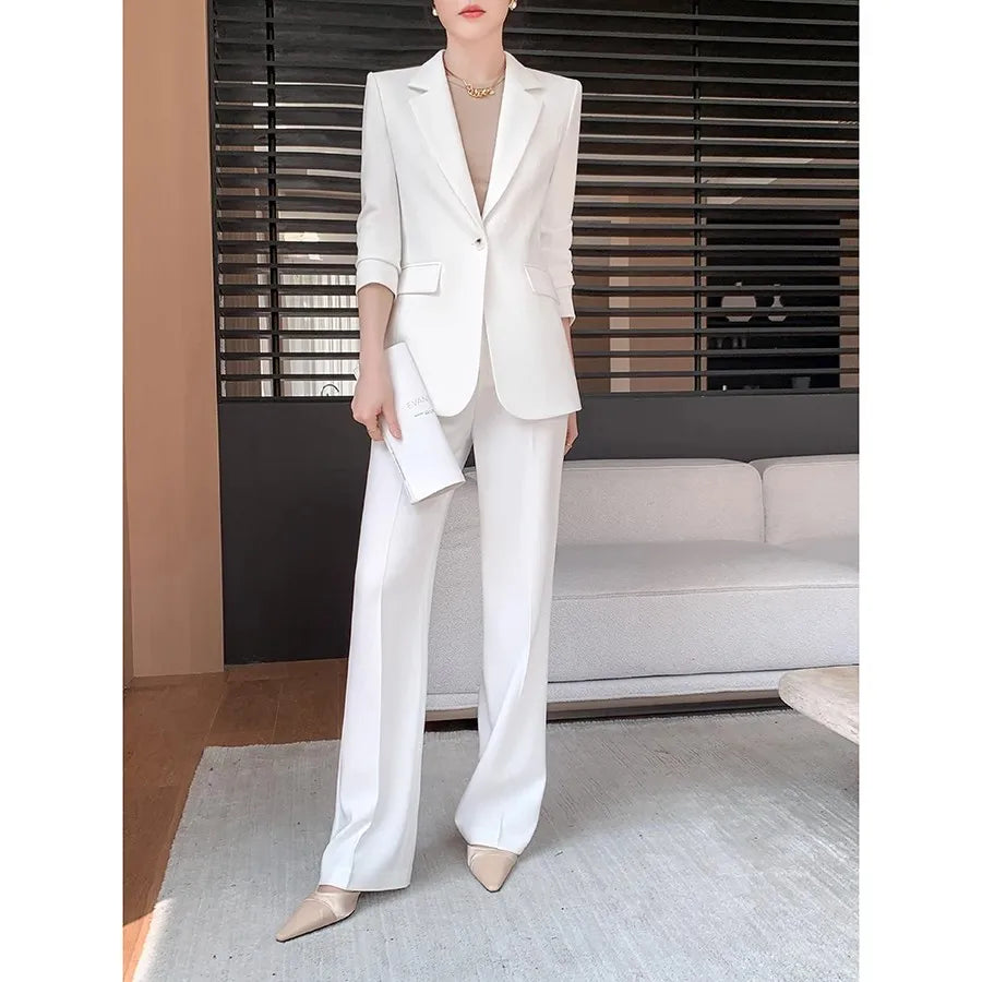 Solid White Suit Women 2025 New Spring Autumn Flares Pants High-Grade Slimming Business Clothing Sets Formal Suits Overalls