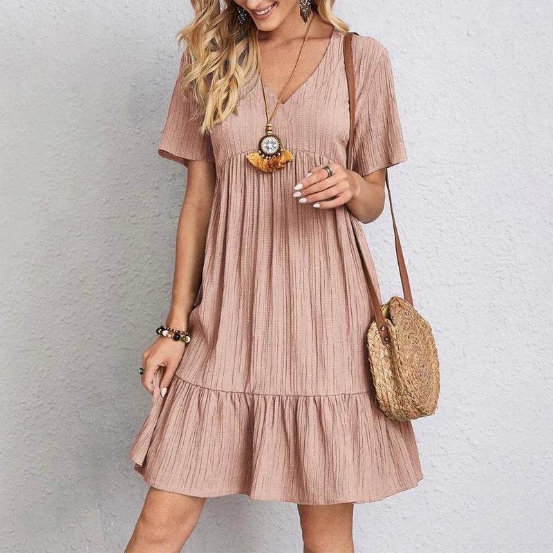 Women Mini Dress Summer Casual Solid V Neck Ruffles A-line Dress Female Fashion Holiday Boho Loose Beach Elegant Dresses Vestido - AIAZ