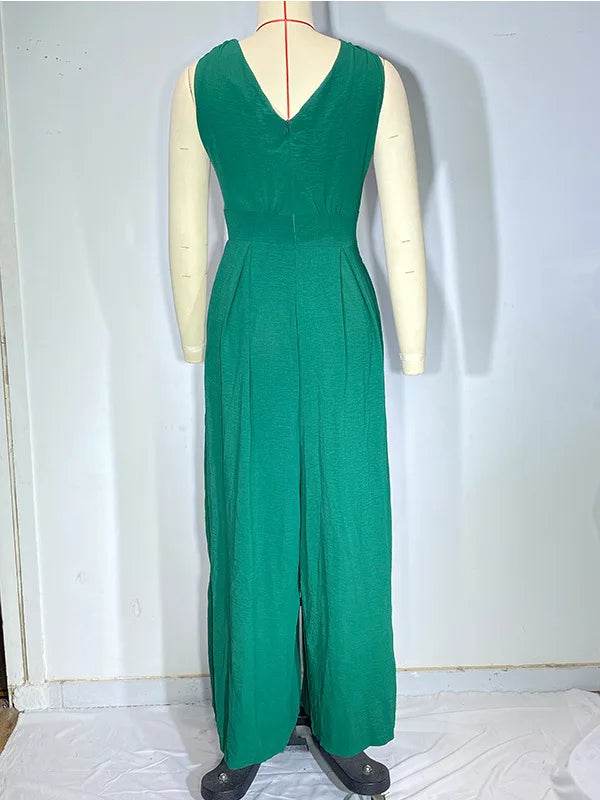 Jumpsuit Women Summer New Sleeveless Sexy Deep V-neck Solid Color High Waist Wide Leg Jumpsuits Elegant Commuting Lady Playsuits - AIAZ