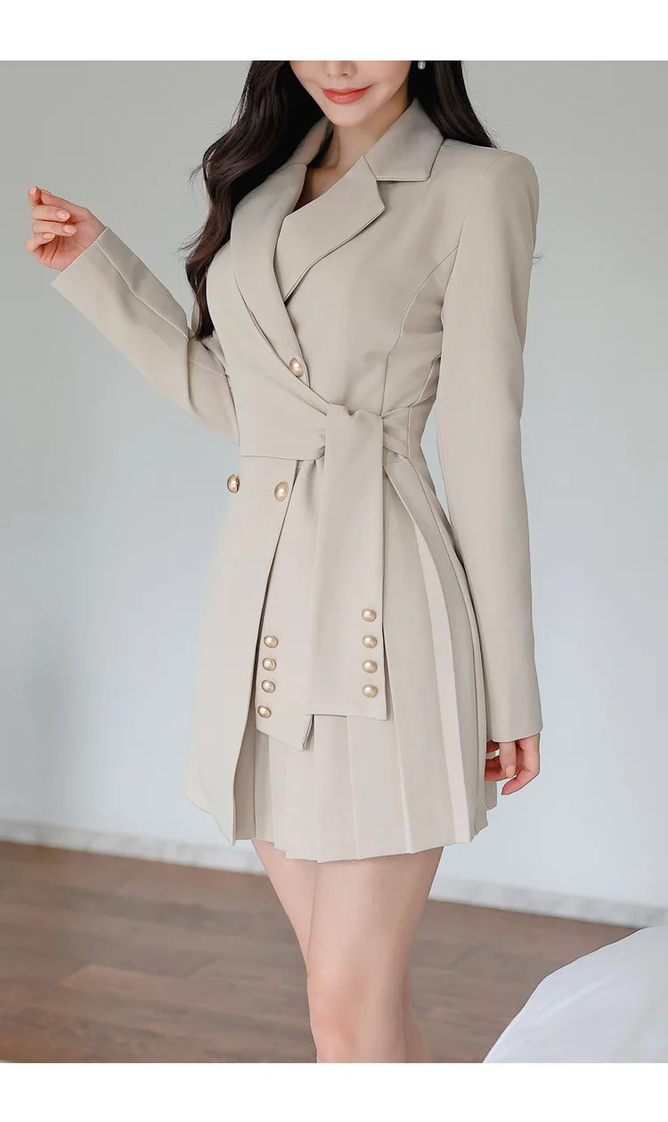 H Han Queen Autumn Winter Dresses Korean Lace-Up Professional Jacket Vestido Elegant Fashion Slim Office Party Casual Dress