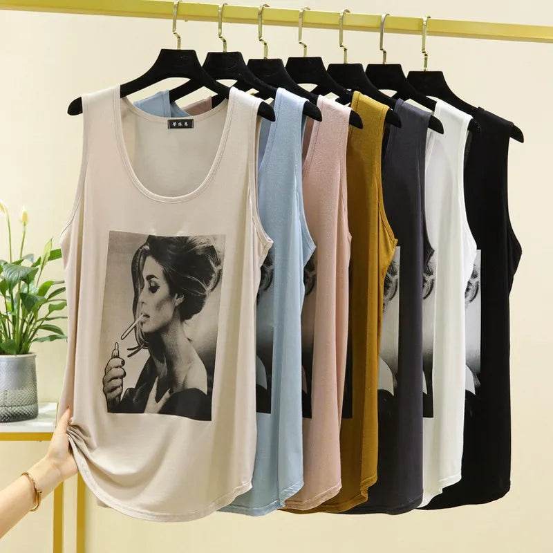 Women Long Tank Tops O-Neck Fashion Print Beauty's Head Casual Loose sleeveless T-shirt streetwear camis tops - AIAZ