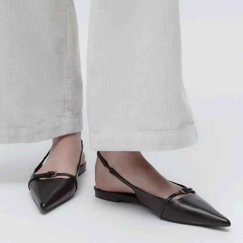 Summer New Women's Flat Bottom Slingback Sandals Woman Leopard Pointed End Mules 2025 Fashion Leather Pu Low-heel Beach Shoes - AIAZ
