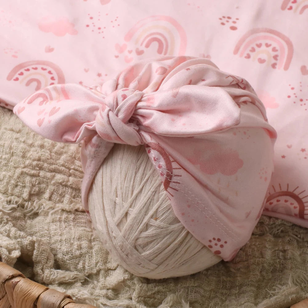 Ylsteed Newborn Receiving Photography Swaddle Blanket with Bow Turban Hat Infant Photography Props New born Photoshooting Wraps