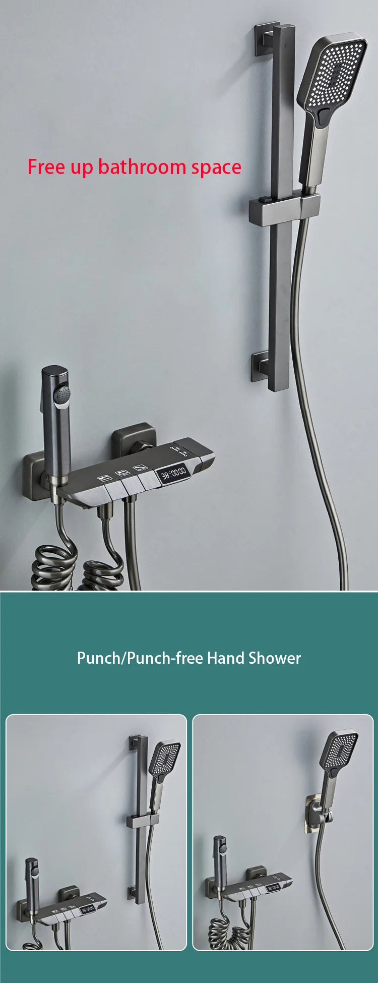 New Design Gun Grey Bathroom Shower System Set Piano Keys Brass LED Digital Shower Faucet Bath Hot and Cold Mixer Shower Tap Set