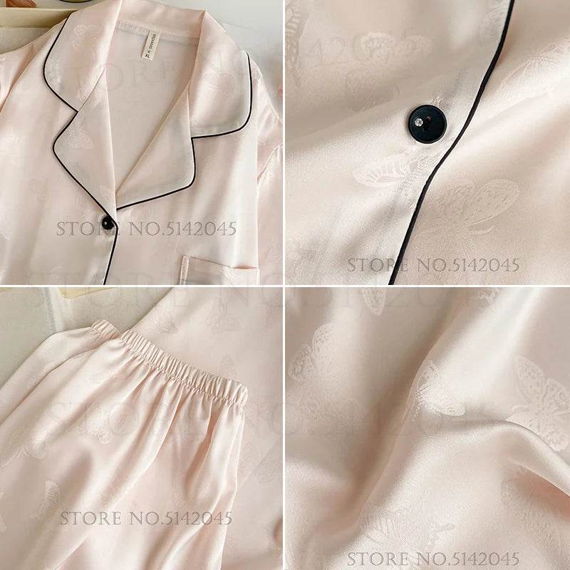 Summer Short Sleeve Pajamas Set Trouser Suits Women Sleepwear Elegant Pink Jacquard Butterfly Pyjama Pour Femme Satin Homewear - AIAZ