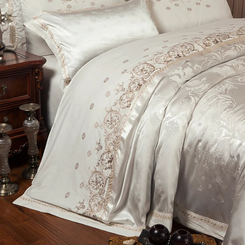 Sliver Gold Luxury Silk Satin Jacquard duvet cover bedding set queen king size Embroidery bed set bed sheet/Fitted sheet set