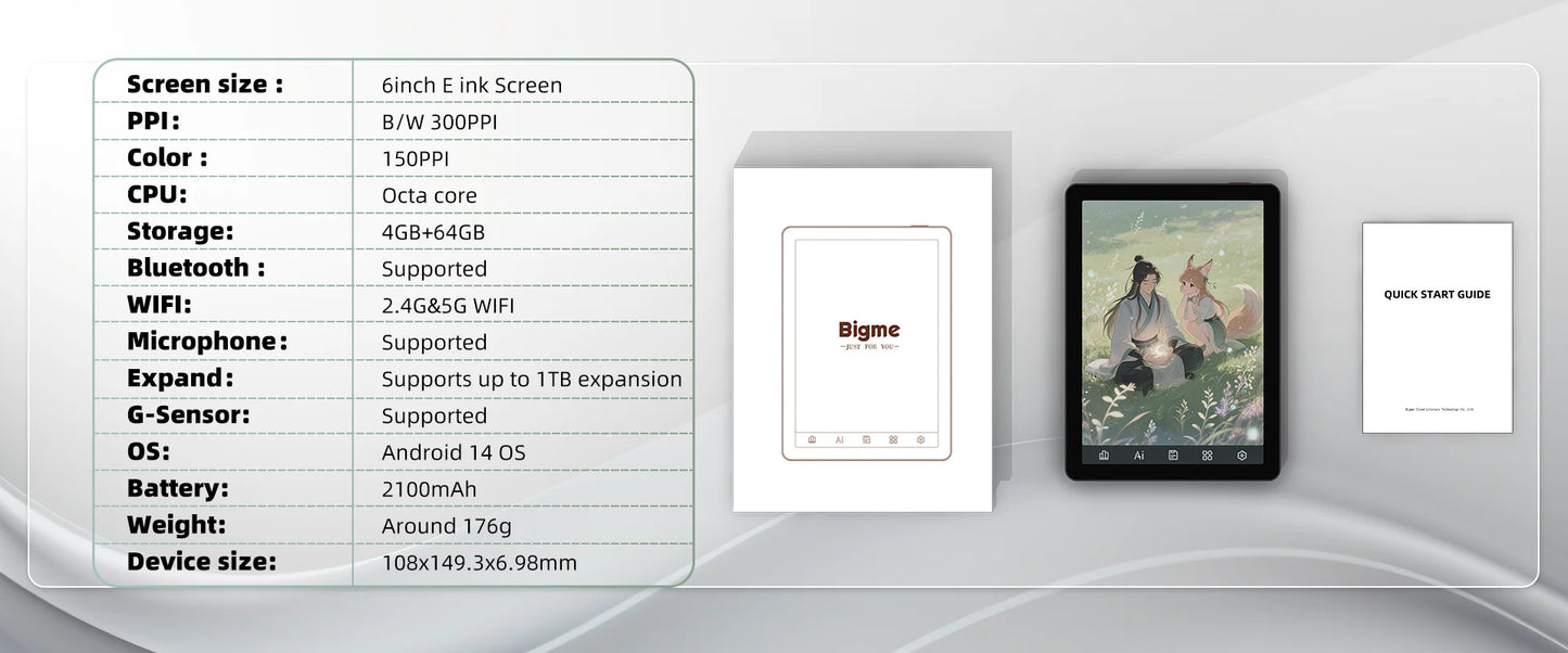 Bigme E-book Reader B6, 6-inch e-ink electronic book, 36-level front light, Android 14 OS built-in Google Play, 4+64GB ereader