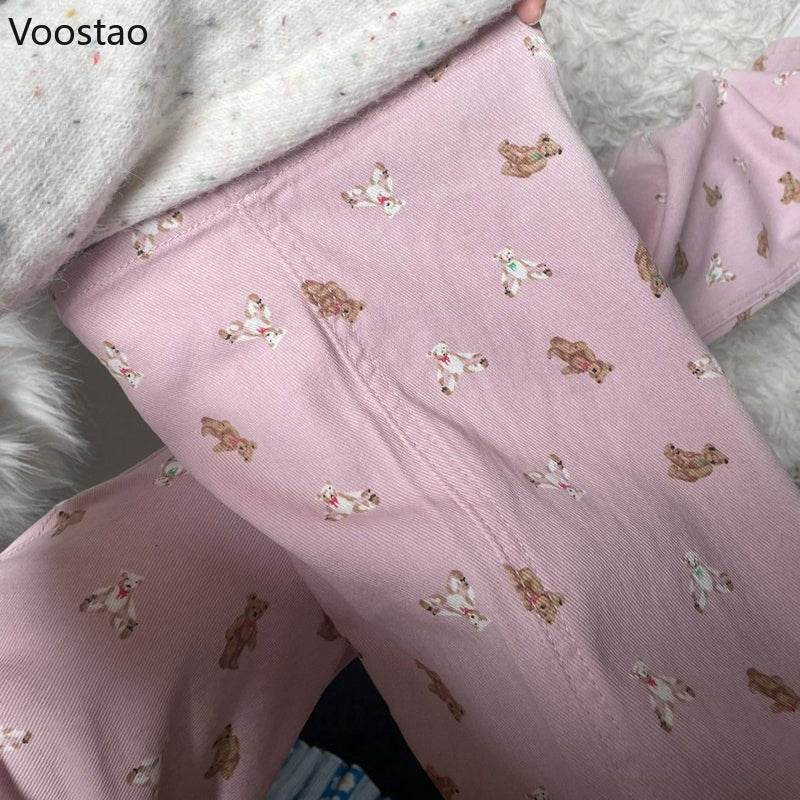 Pink Jeans Women Sweet Cute Cartoon Bear Print High Waist Wide Leg Pants Vintage Girls Casual Y2k Aesthetic Loose Denim Trousers - AIAZ