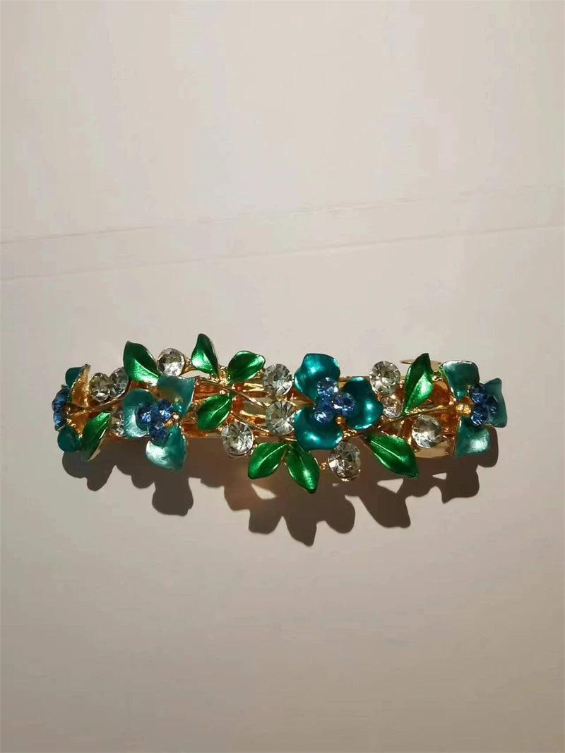 Red Crystal Flower Bow Spring Hairpin Vintage Ink Blue Rhinestone Horizontal Clip Top Clip Elegant Mom Fashion Hairpin Korean