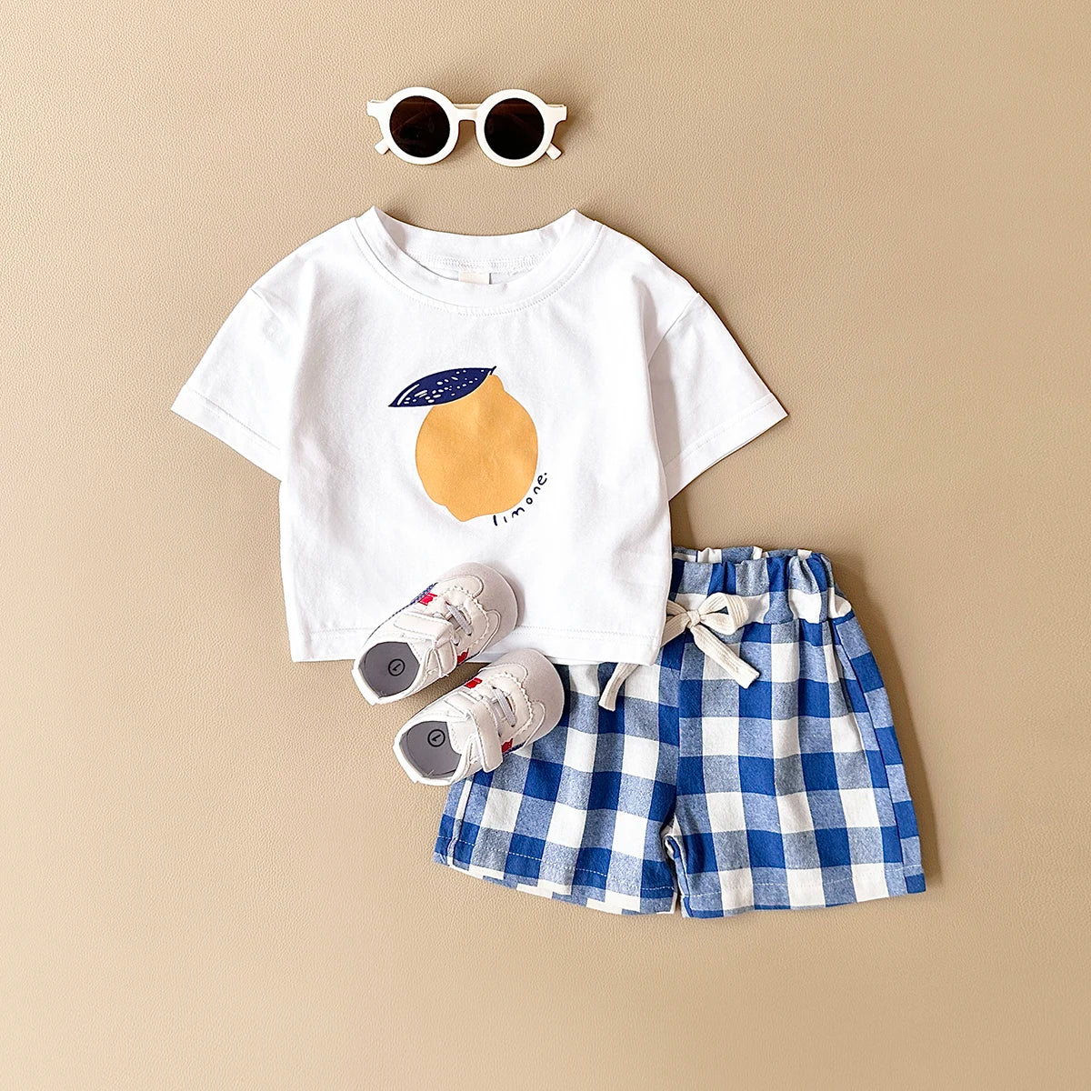 2PCS Summer Baby Boys Girls Clothes Set Lemon Print T-shirt+Checkered Shorts Beach Infant Toddler Outfit Suit 0-3Y