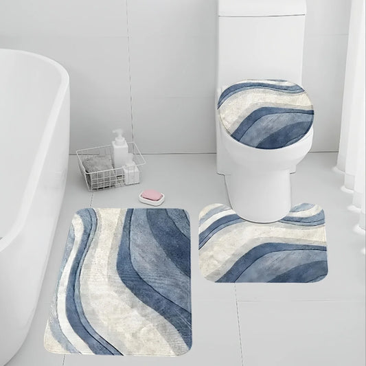 3-piece bathroom rug set, non-slip bath mat, U-shaped toilet mat, toilet seat cover, thick, soft and comfortable, rendered blue