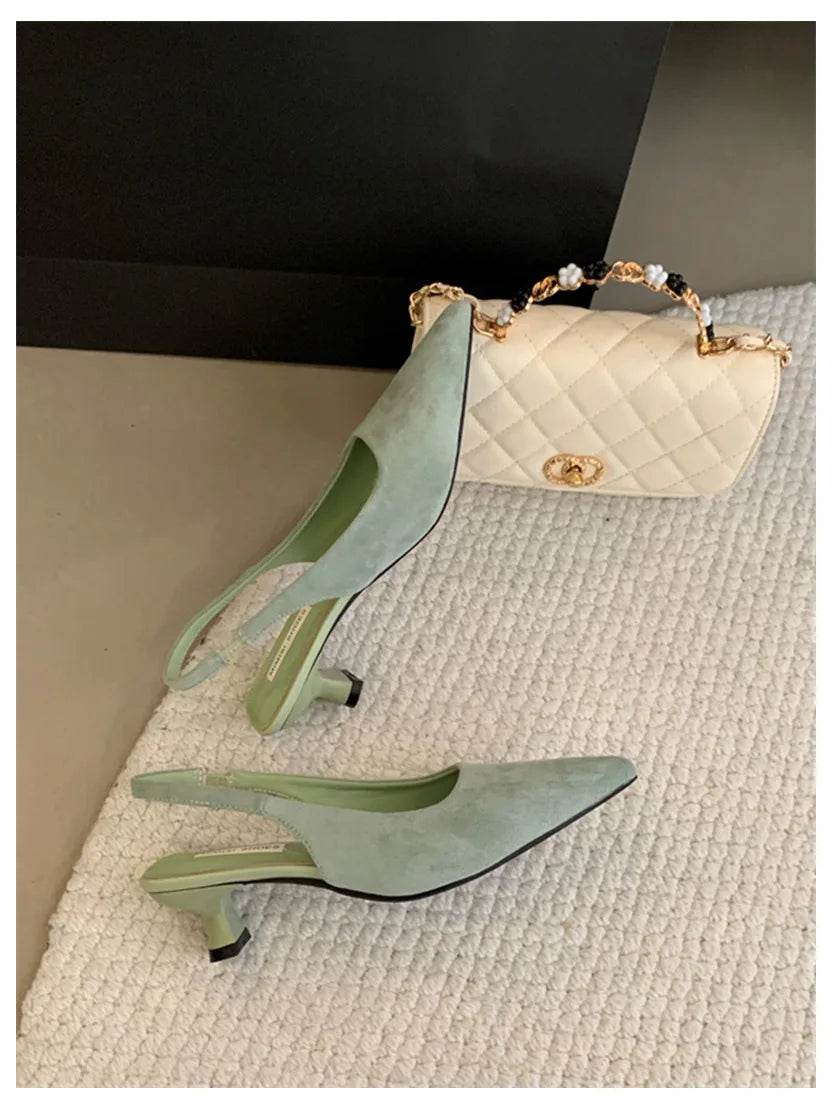 Fashion Brand Slingback Sandals Women Med Heels Pumps Elegant Pointed Toe Female Mules Dress Slides Sandalias Mujer Verano Mujer - AIAZ
