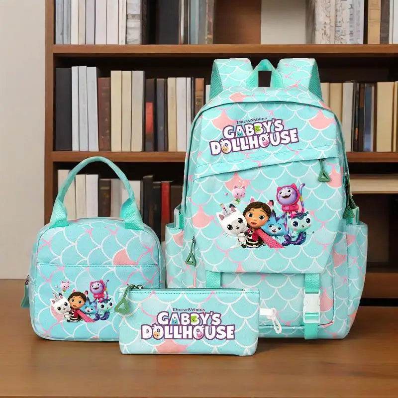 3Pcs/set Gabby Dollhouse Colorful Backpack With Lunch Bag for Girl Boy Student Teenager Rucksack Women Casual School Bags Set - AIAZ