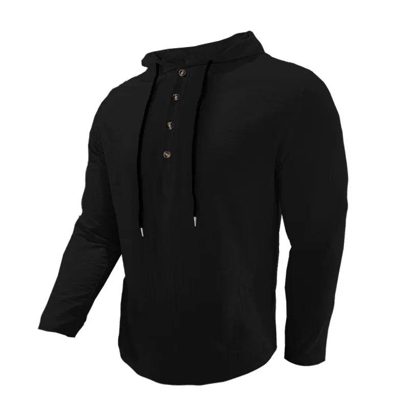 24 New cotton and linen shirts hooded loose large size casual sweater long sleeve hoodie men - AIAZ