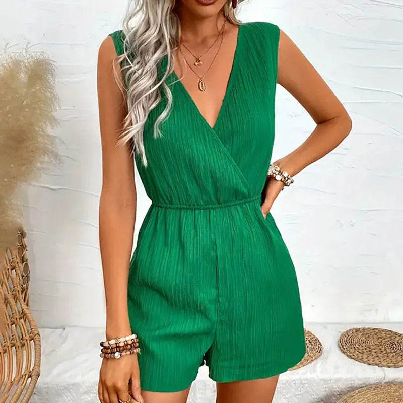 Jump Suit Women's Casual V-neck Monochromatic Jumpsuit Five-Point Shorts European and American Summer New Overalls Playsuits - AIAZ