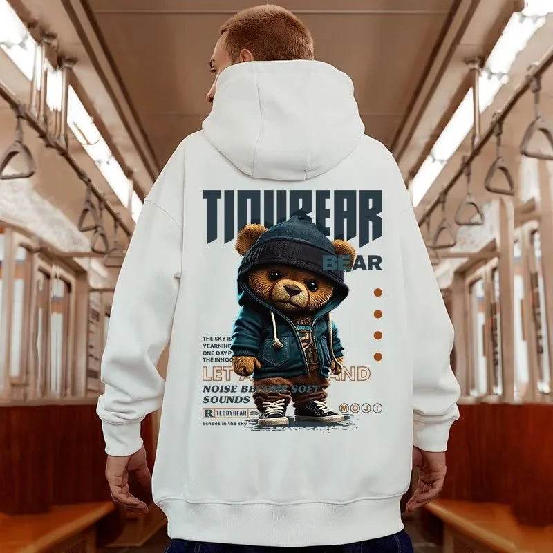 M-8XL American Style Street Cool Brown Bear Print Oversized Hoodie Loose Hoodie Student's Large Soft Velvet Hooded Sweater - AIAZ