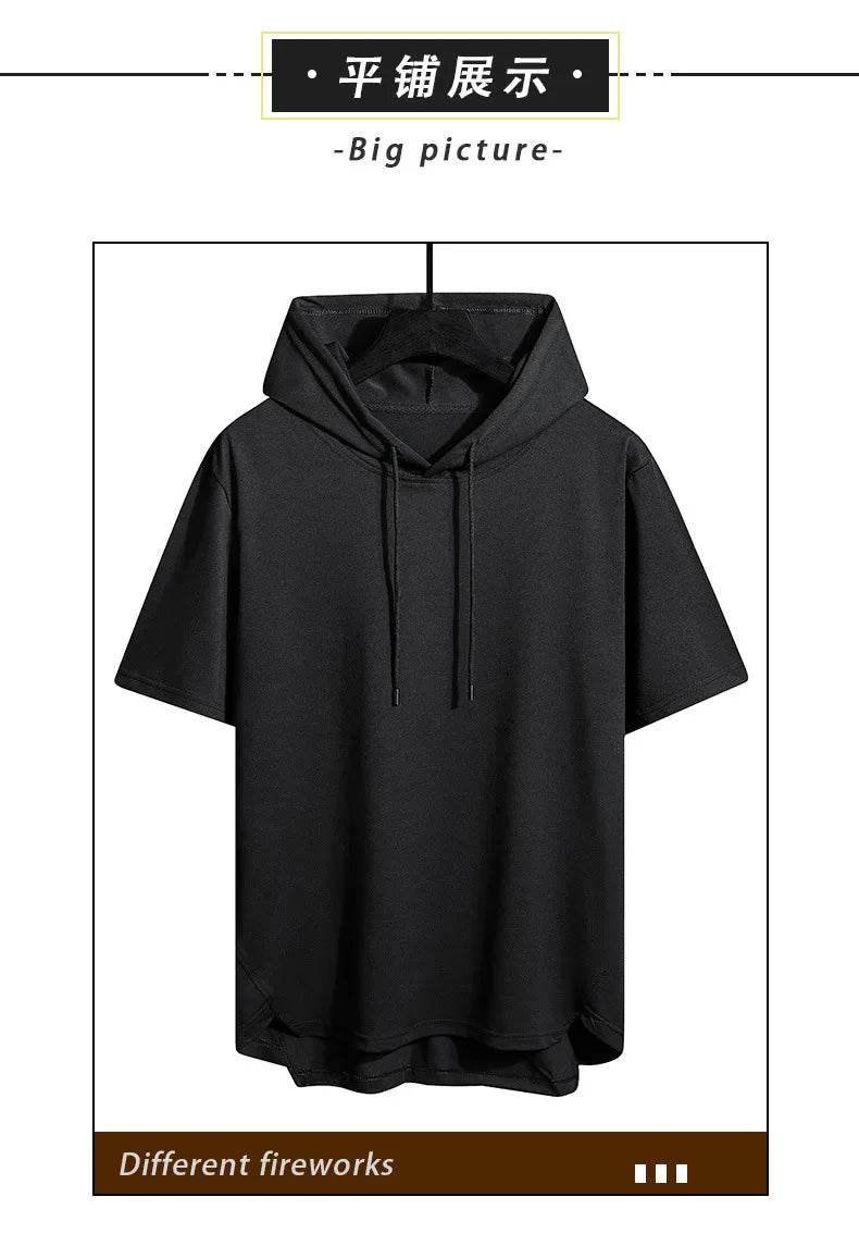 2025 Men's Summer Hoodies T-shirts Short Sleeve Solid Color Loose Hooded Drawstring Pullover Tops Basic Tees for Daily Wear Male - AIAZ