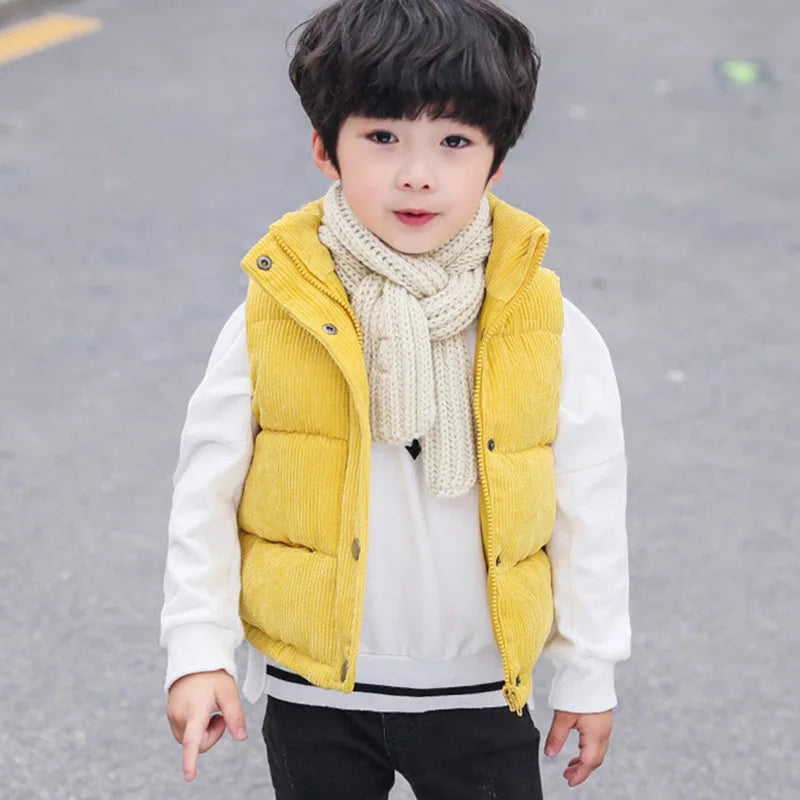 Children Autumn Winter Warm Vest Girls Casual Solid Color Jacket Boys Simple Fashion Collar Thickened Corduroy Waistcoat 2-10T