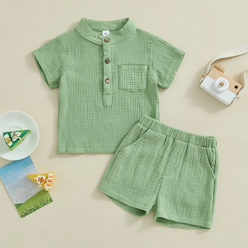 Suefunskry Toddler Boys Summer 2Pcs Casual Outfits Solid Color Short Sleeve Button Tops and Elastic Waist Shorts Sets 6M-4Y