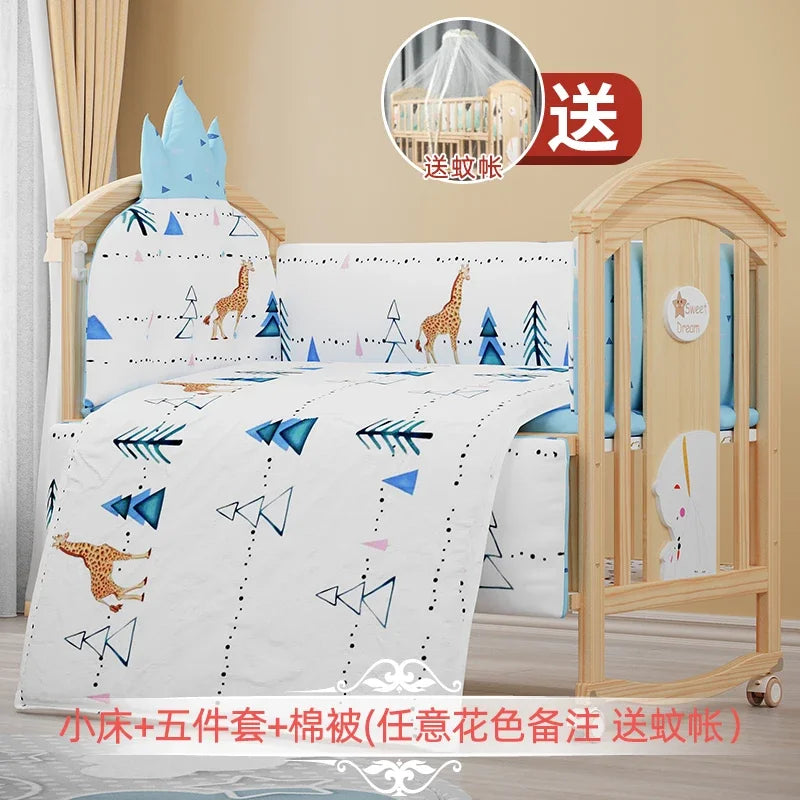 Baby Crib Multifunctional BB Baby Crib Solid Wood Unpainted Cradle Bed Movable Newborn Children Splicing Large Bed